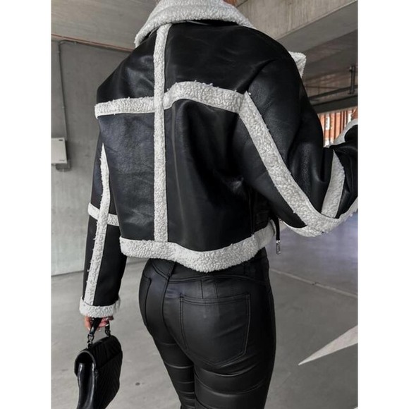 Vegan Leather Sherpa Moto Jacket - Picture 2 of 11
